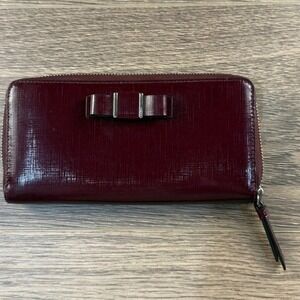 Coach Darcy Burgundy Red Zip Close Leather Accordion Wallet Bow Accent